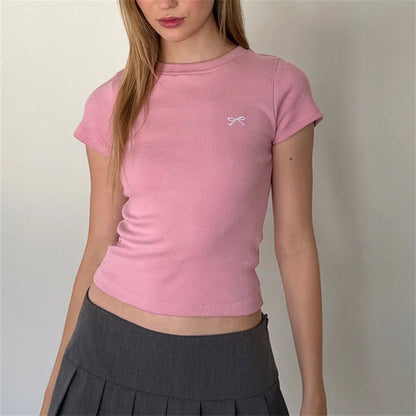 PINK BASIC SHORT SLEEVE CROP TOPS KAWAII BOW