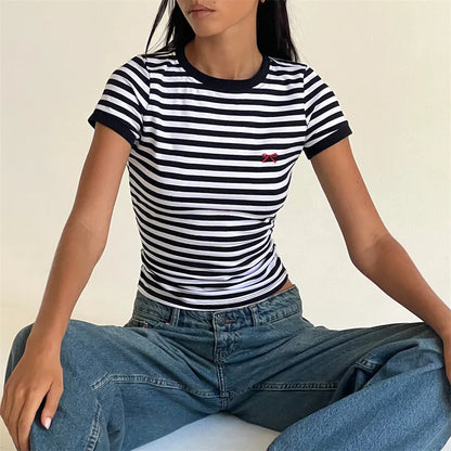 STRIPES BASIC SHORT SLEEVE CROP TOPS KAWAII BOW