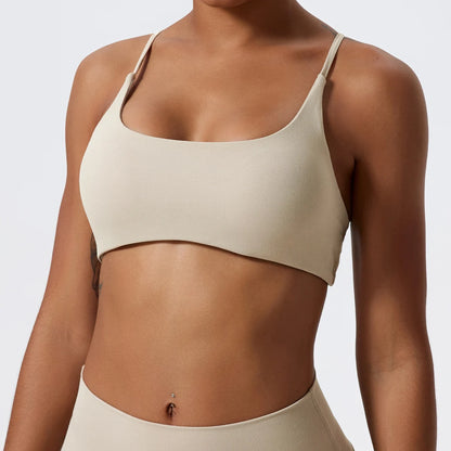 LIGHT KHAKI STRETCHY COMFORTABLE CROSS BACK SPORTS BRA