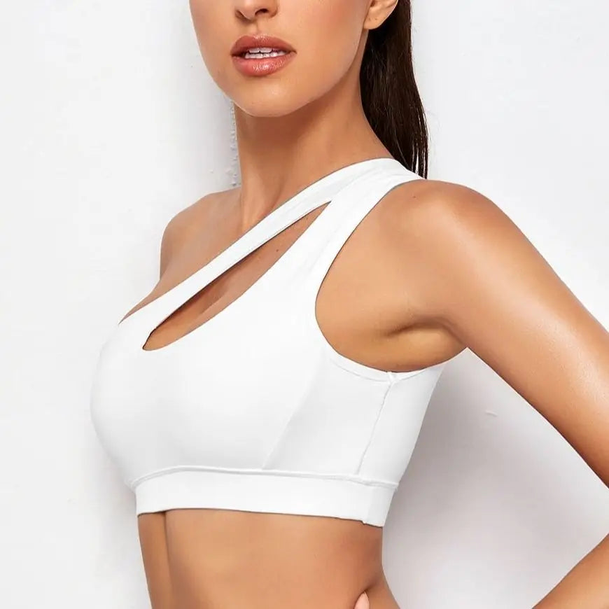 WHITE ONE SHOUDER SPORTS BRA