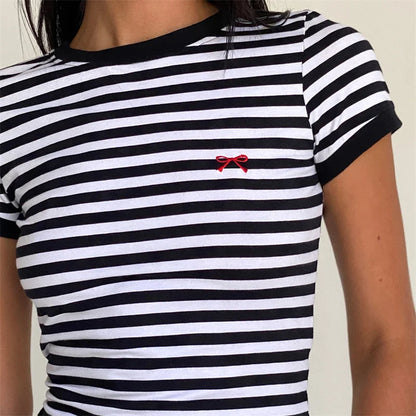 STRIPES BASIC SHORT SLEEVE CROP TOPS KAWAII BOW