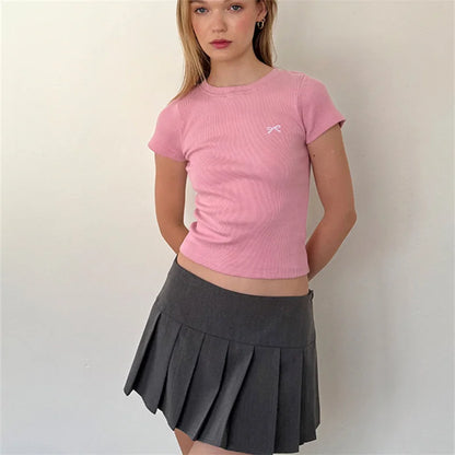 PINK BASIC SHORT SLEEVE CROP TOPS KAWAII BOW