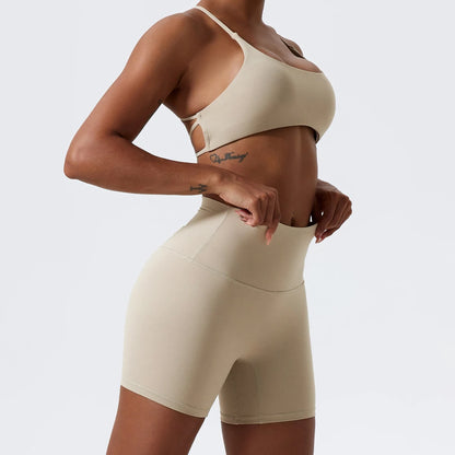 LIGHT KHAKI STRETCHY COMFORTABLE CROSS BACK SPORTS BRA