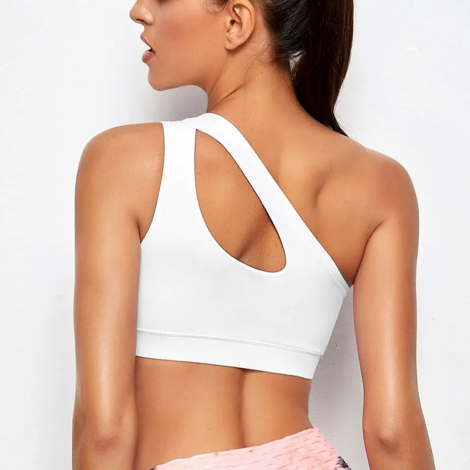 WHITE ONE SHOUDER SPORTS BRA