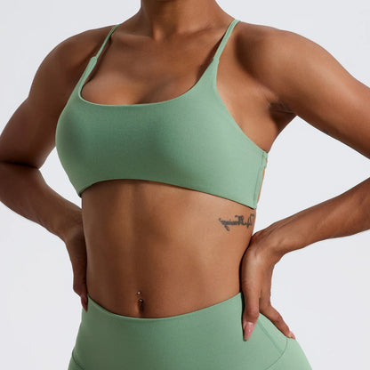 GREY GREEN STRETCHY COMFORTABLE CROSS BACK SPORTS BRA