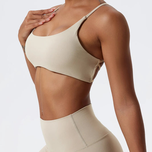 LIGHT KHAKI STRETCHY COMFORTABLE CROSS BACK SPORTS BRA