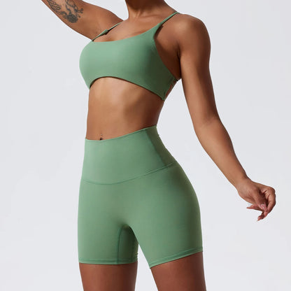 GREY GREEN STRETCHY COMFORTABLE CROSS BACK SPORTS BRA