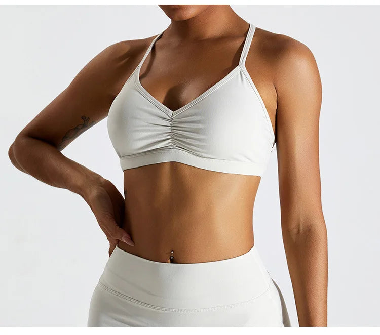 IVORY WHITE CROSS BACK SCRUNCH SPORTS BRA