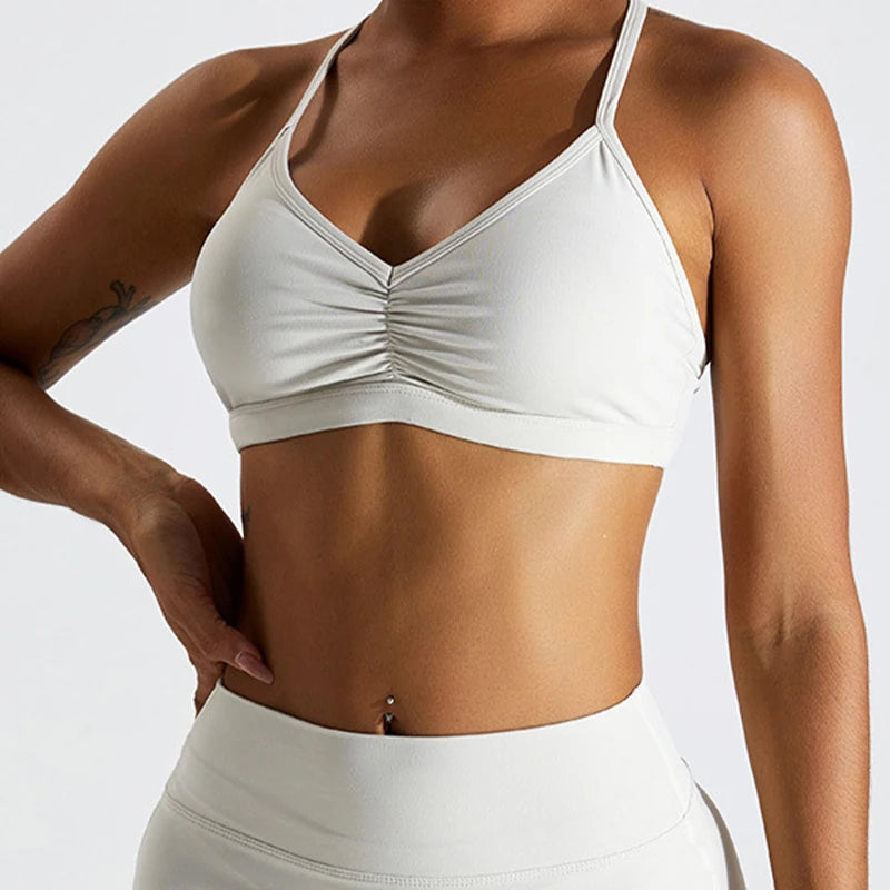 IVORY WHITE CROSS BACK SCRUNCH SPORTS BRA