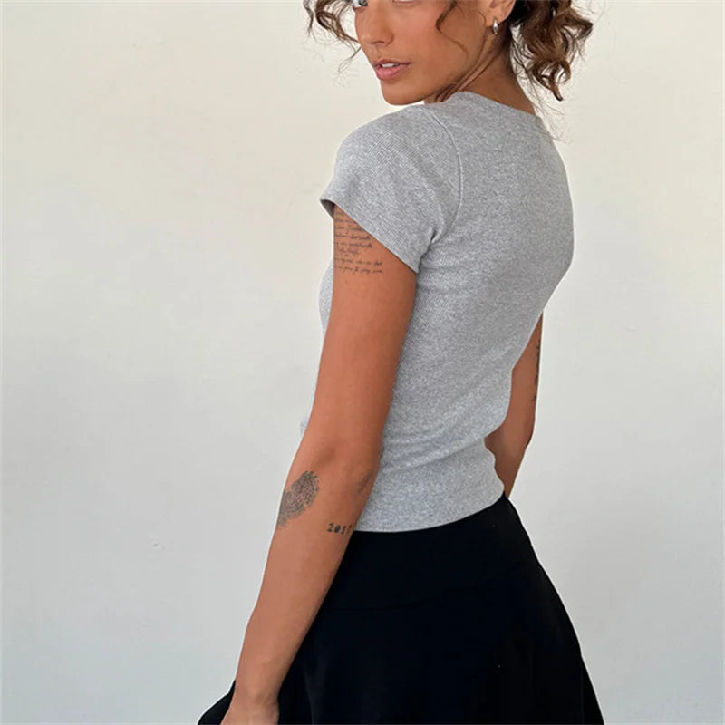 GREY BASIC SHORT SLEEVE CROP TOPS KAWAII BOW